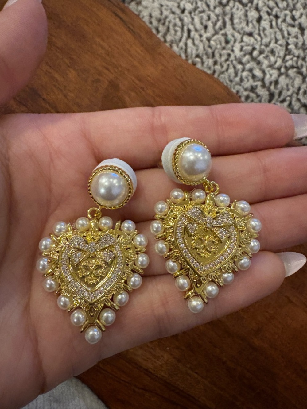 Gold Pearl Heart Drop Earrings - Elegant Women’s Jewelry DG